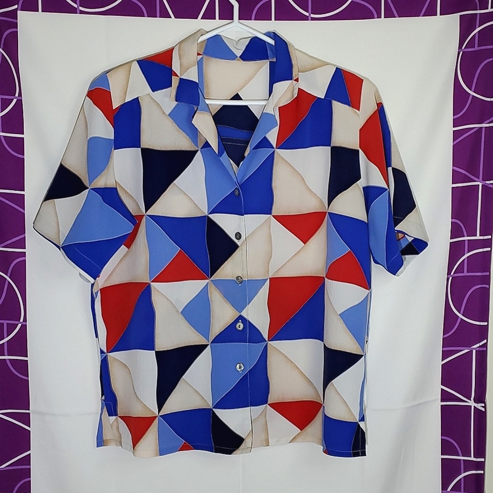 Allison Daley Blue/Red/White/Cream Lightweight Abstract Button-Up Blouse - Sz 16